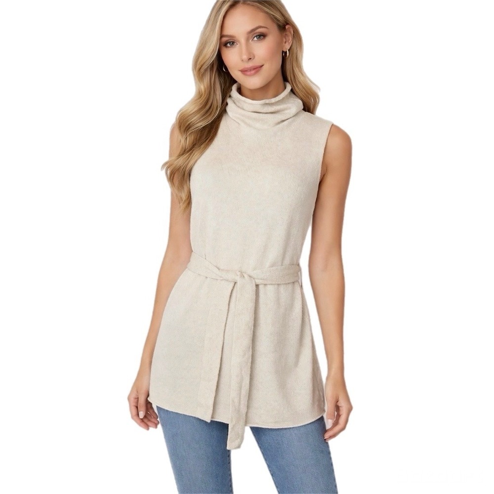 Vince Wool Cashmere Sleeveless Cowl Neck Belted Tunic Sweater Oatmeal Sz Large